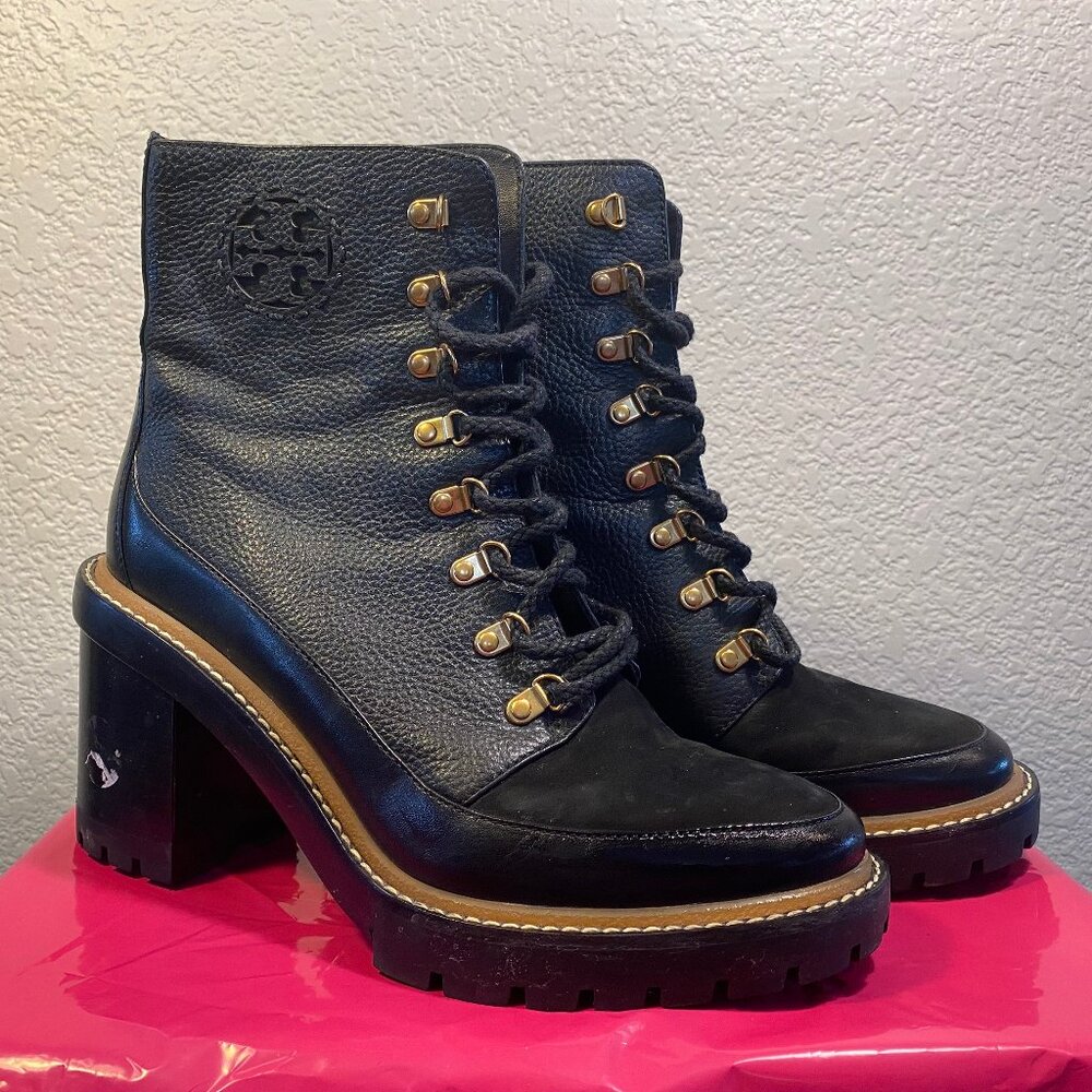 Tory Burch Miller Mixed Leather Lug Sole Combat Booties